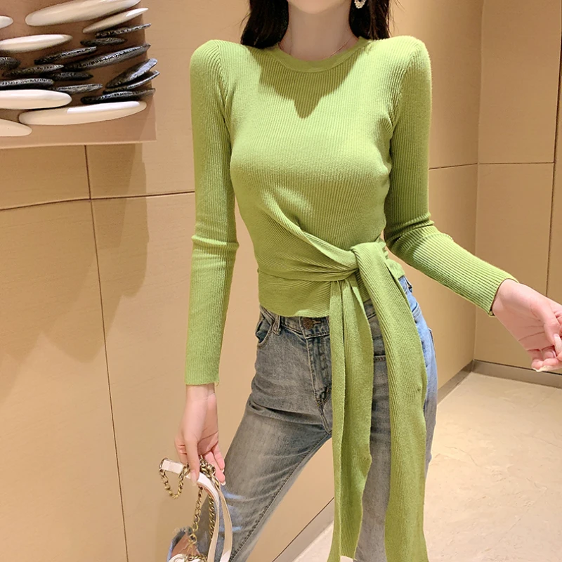 

Solid Color Clothing Autumn 2021 New Round Neck Sexy Slim Strap Sweater Knitt Lace Up Long sleeve Pullover Women top 291D