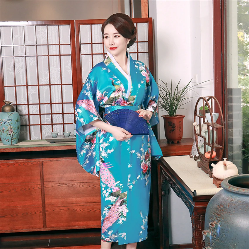 Новое шелковое традиционное японское модное кимоно для женщин Павлин Мужская