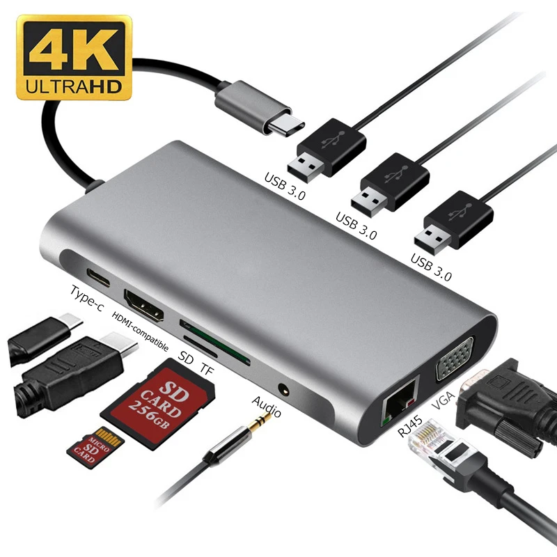 Док-станция для MacBook Samsung S20 Dex Xiaomi 10 USB 3 0 C/RJ45 Gigabit Lan 4K HDMI VGA SD TF | Электроника
