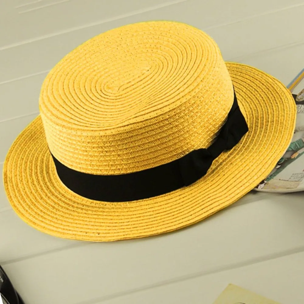 Шляпа от солнца Boater с лентой и плоским верхом Соломенная пляжная Панама для мам