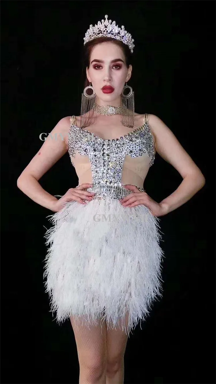 V8 Women rhinestones evening dress sexy sleeveless white feather skirt stretch disco crystal outfit sparkly diamonds wear | Дом и сад