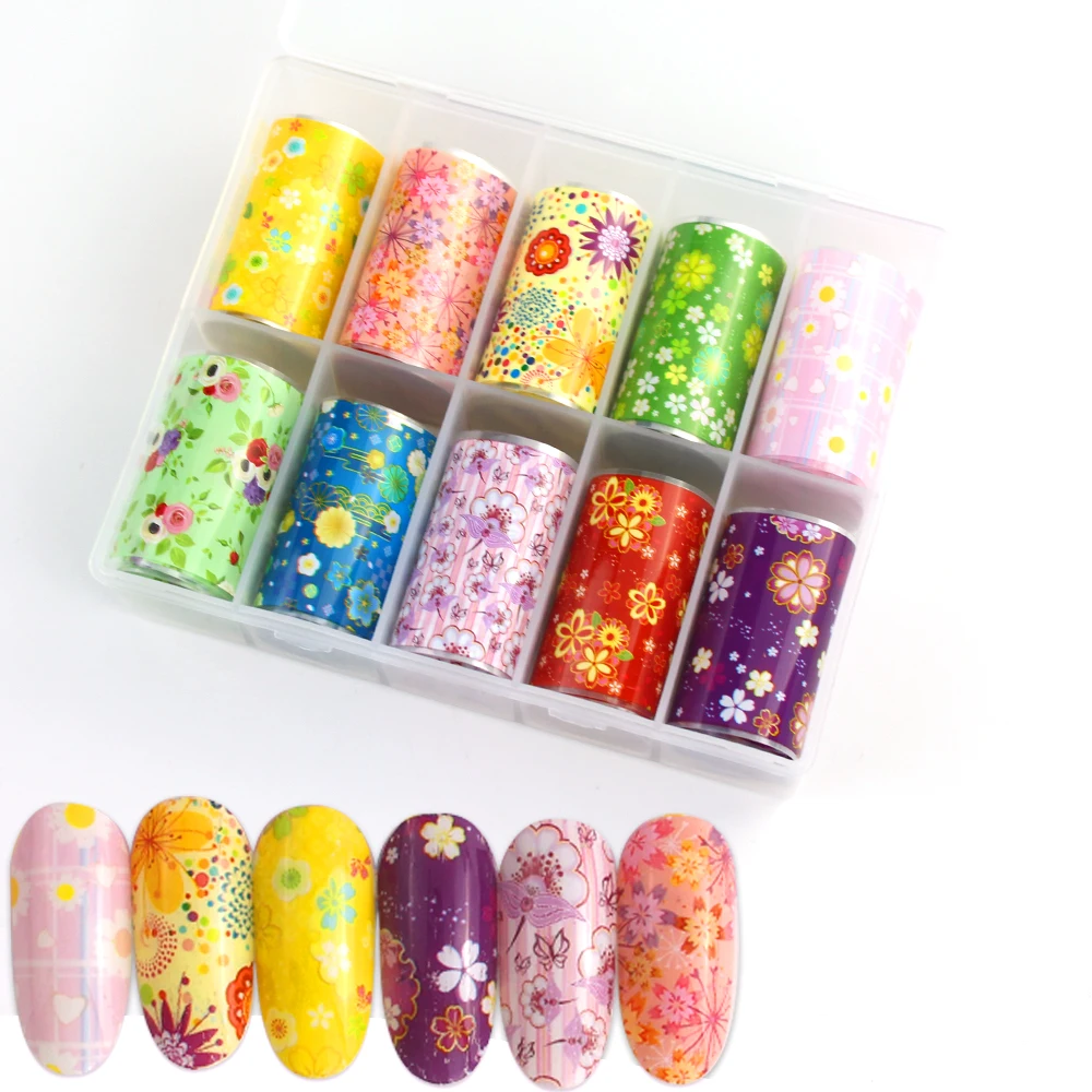 10 шт./коркор. набор голографической фольги для ногтей прозрачный цветок AB цветные