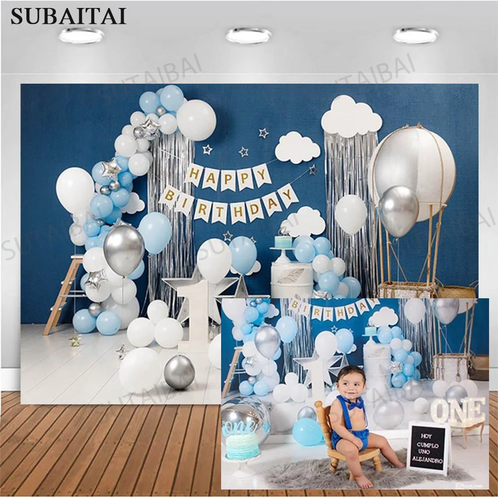 

Boy 1st Birthday Photography Backdrops Balloon Decor Blue Cake family Gathering Smash Photo Booth Background For Photo Studio