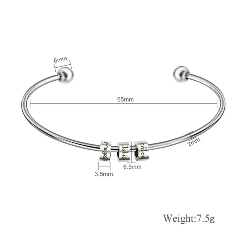 Engrave Family Names Beads Personalized Cuff Bracelet Ball Closure Custom Monogram Beads Bangle Bridesmaid Bracelet