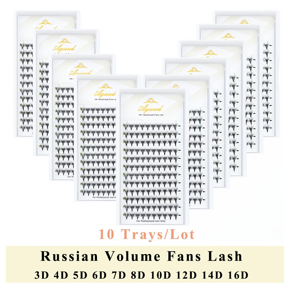AGUUD 10Trays/Lot Premade Volume Fans Lashes Thin Pointy 3D/4D/5D/6D/8D/10D/12D/14D Sharp Narrow Stem Russian Volume Fans Lashes