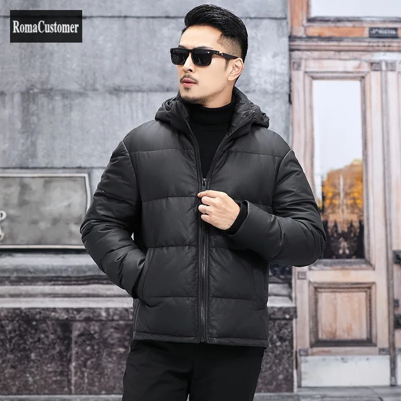 

New Cowhide Down Jacket Removable Hat Casual Thicken Genuine Leather Jackets Korean Vintage Male Winter Fashion Short Coat