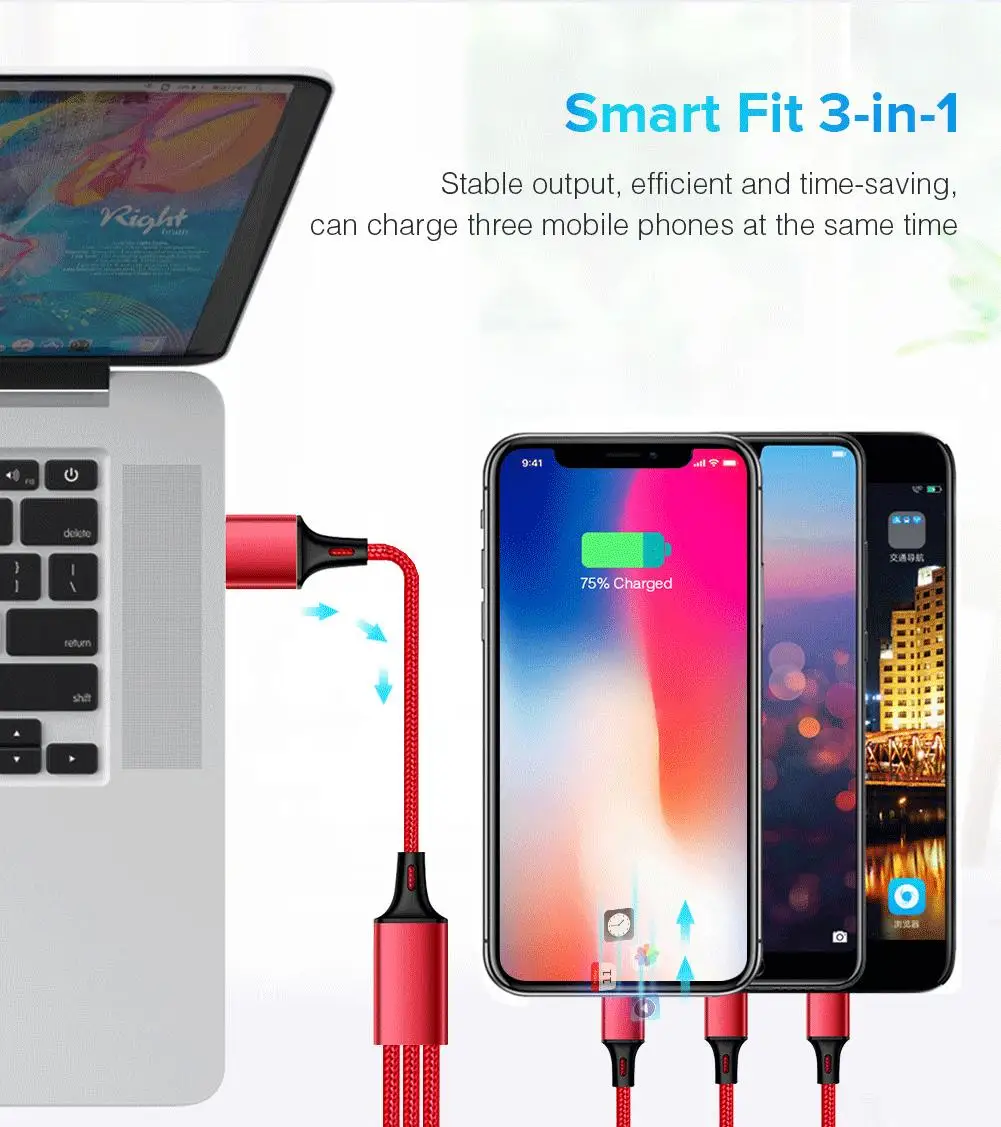 YCDC 3 в 1 usb type C Micro USB кабель для iPhone 8X7 6 6S Plus samsung Nokia USB быстрая зарядка кабели Нейлоновый Шнур Универсальный