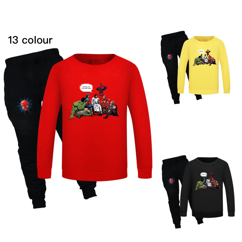 

2022 SpiderMan Spring and Autumn Cartoon Print 65% Cotton Long Sleeve Round Neck Sweater + Casual Pants 2-16 Years Old
