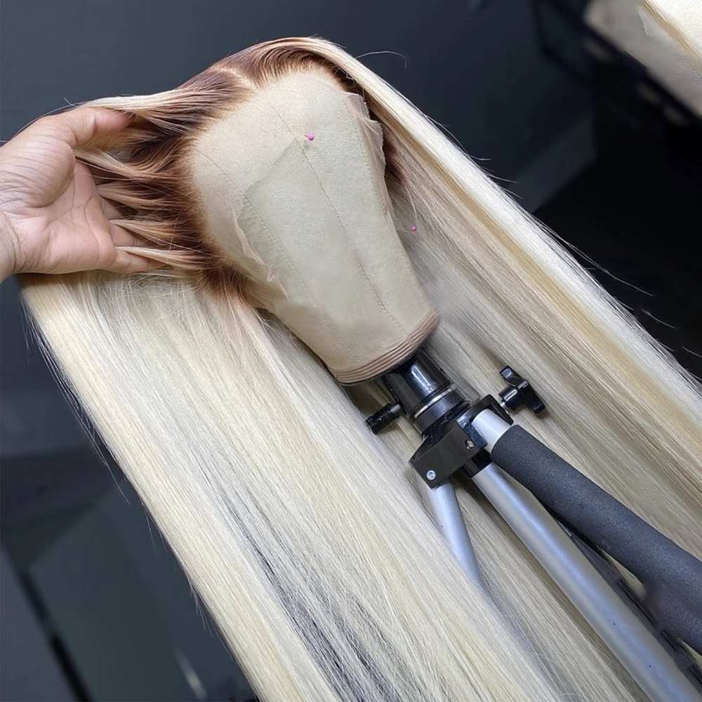 

Long Straight Ombre Ash Blonde Honey Blonde Colored Human Hair Wig HD Transparent 13x4 Lace Front For Black Women Full Frontal