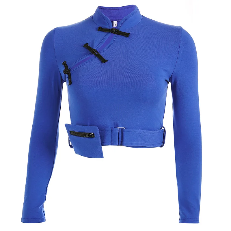 

2021 New and Improved Retro Disc Button Stand Collar Tight-fitting T-shirt Women's Short Long-sleeved Shirt Women's Trend