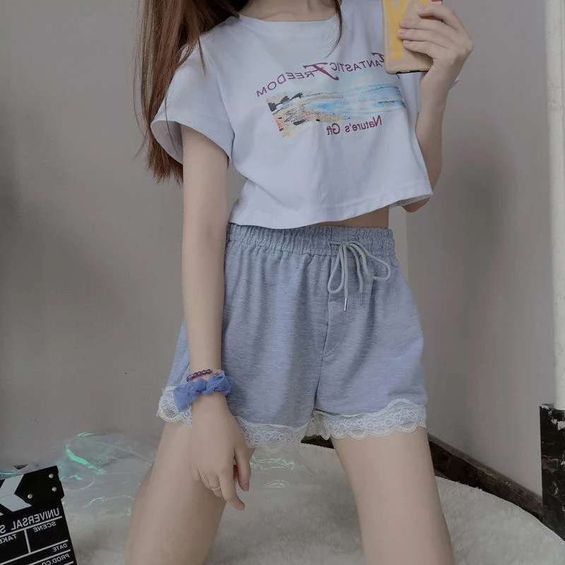 

Summer Women Sweet Cute Shorts Sweet Lace Casual Loose Breathable Lace Up Sports Solid Color Short Pants