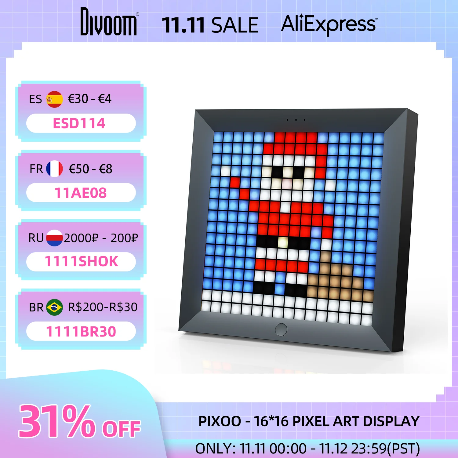

Divoom Pixoo Digital Photo Frame Alarm Clock with Pixel Art Programmable LED Display, Neon Light Sign Decor, New Year Gift 2021