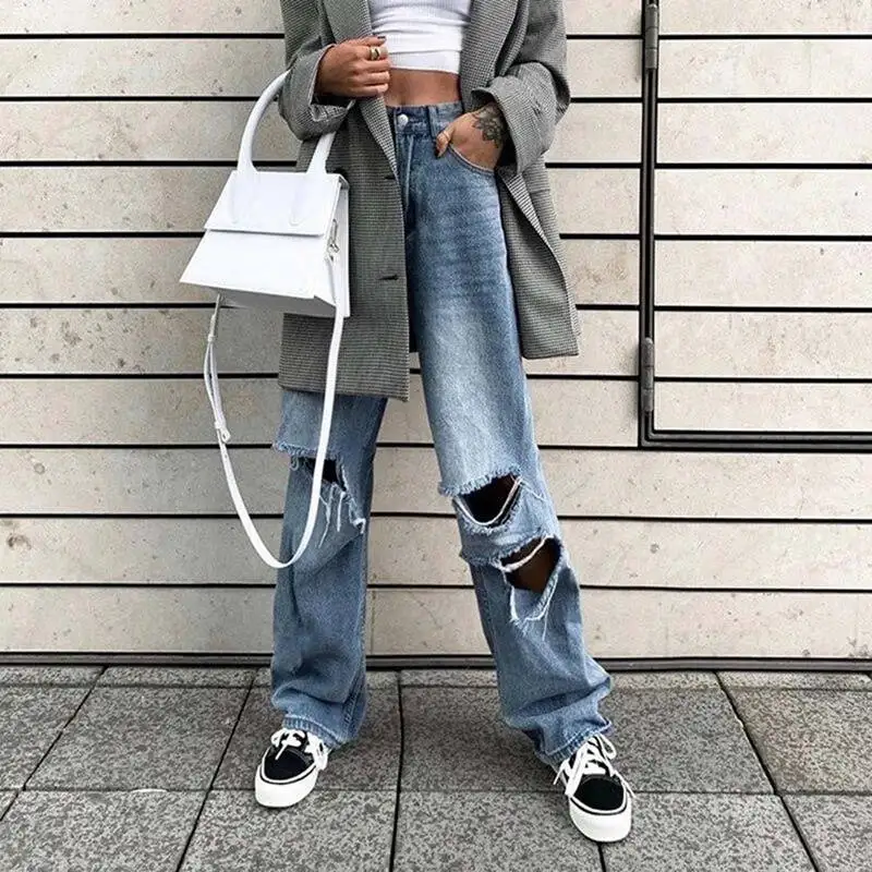

Woman Casual Ripped Hole Jeans High Waist Women Harem Korean Streetwear Denim Pants 2020 Fashion Harajuku Jogger Long Pants