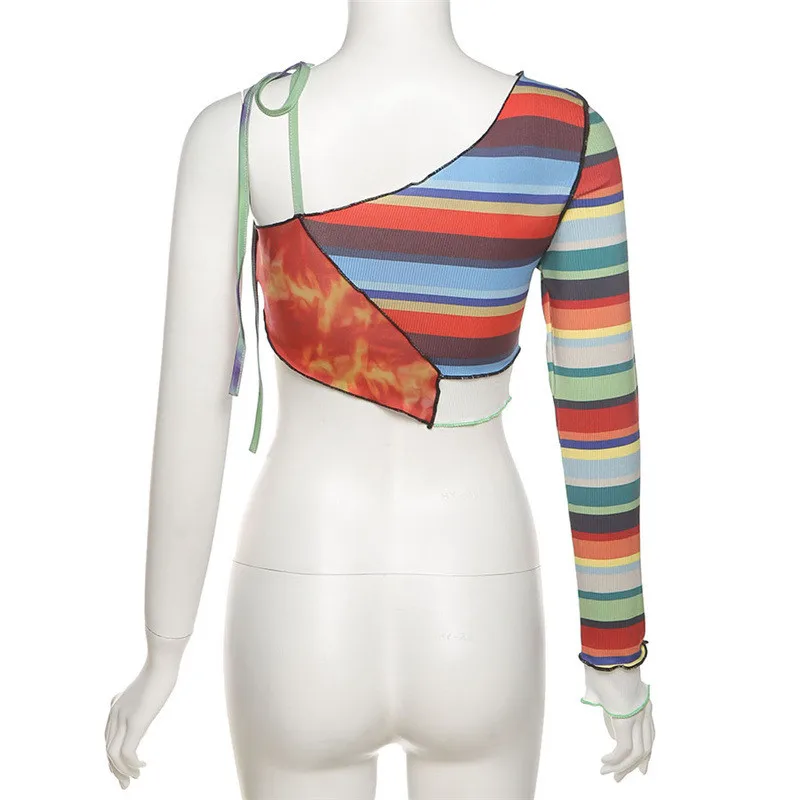 

Summer One shoulder Knitted Crop Top Women's Tees Tops Holiday Long Sleeve Backless T shirts Elegant Streetwear Boho Outfits