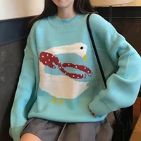 japanese cartoon print knitted sweater women loose outer wear autumn winter round neck thicken pullover long sleeved top