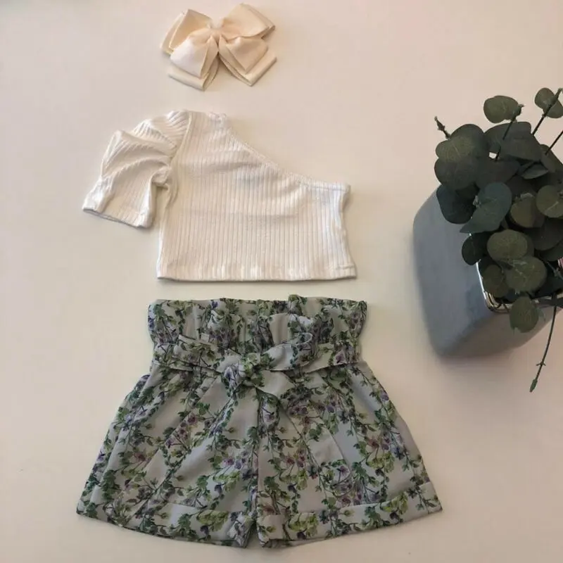 

2Pcs Set Kids Baby Girl One-Shoulder Vest Crop Tops Flower Shorts Clothes Sunsuit Summer Girls Clothes