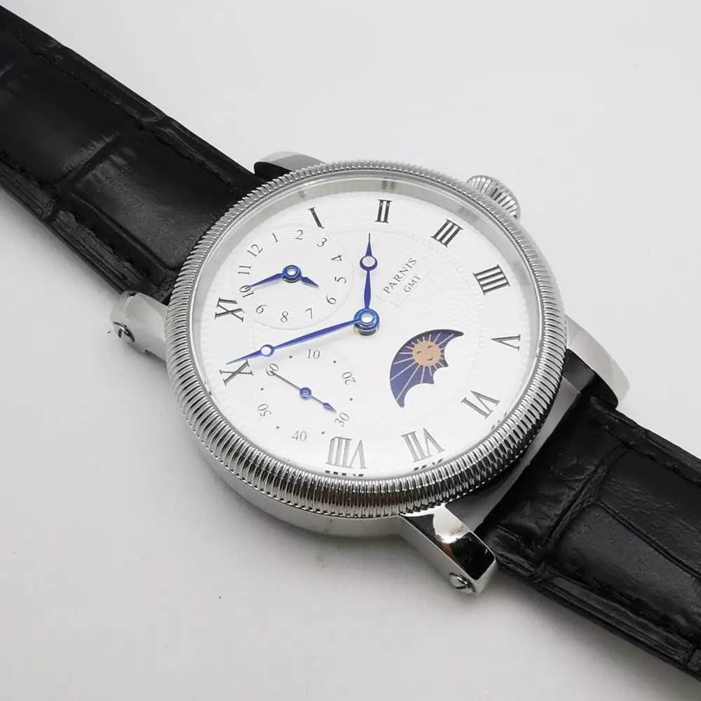 42 мм наручные часы Parnis с белым циферблатом кожаный ремешок чехол из нержавеющей