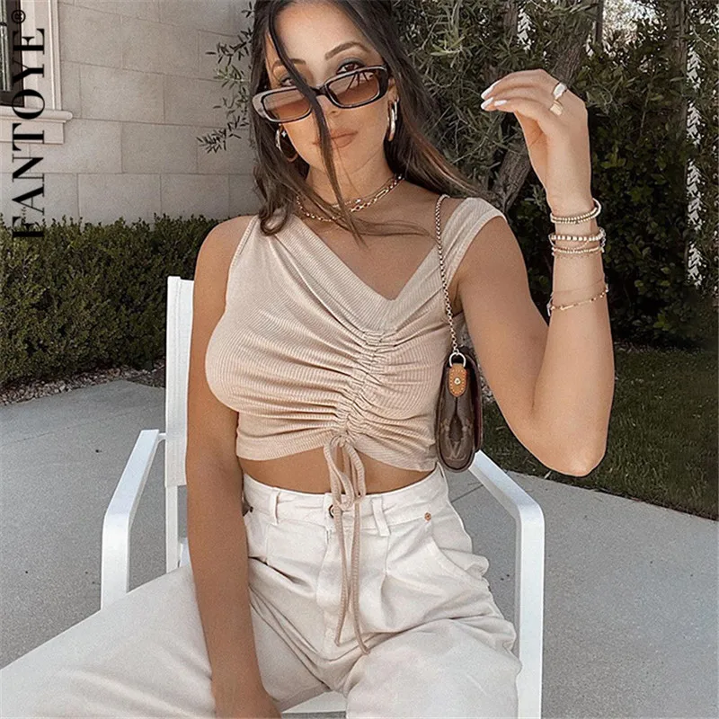 Женский топик без рукавов FANTOYE повседневный в рубчик с косым воротником рюшами и