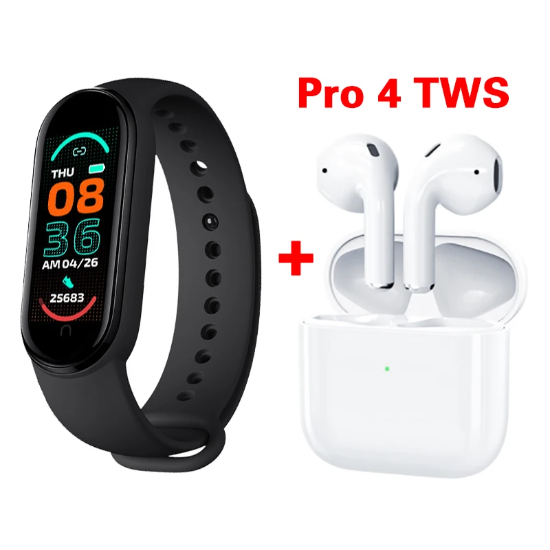 

Новинка 2022, умные часы M6 для Xiaomi Samsung My Band 6, мужские и женские умные часы, фитнес-браслет с наушниками-вкладышами Pro4