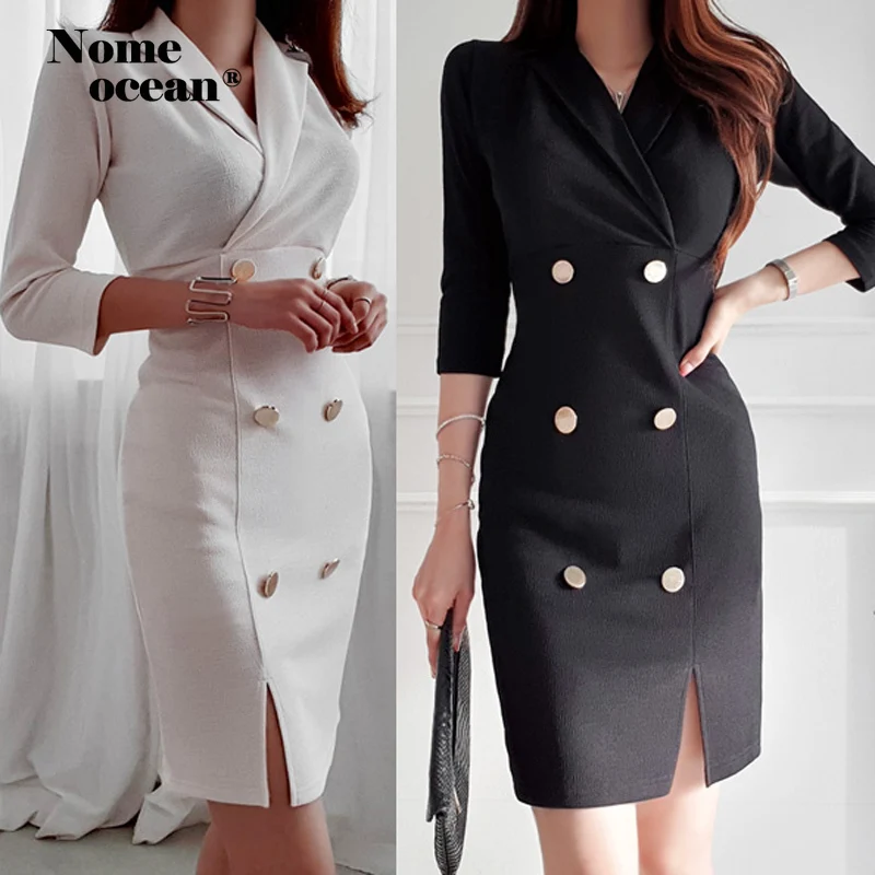 Двубортный костюм платье с пуговицами высоким разрезом офисное женское