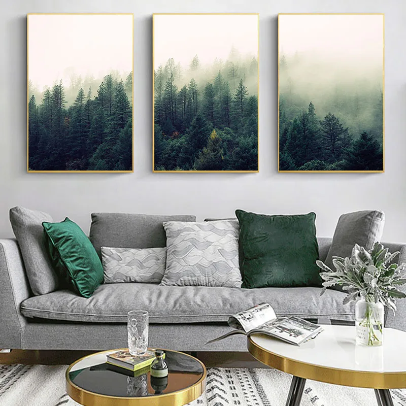 Реалистичная картина с изображением леса и тумана настенный плакат HD печать