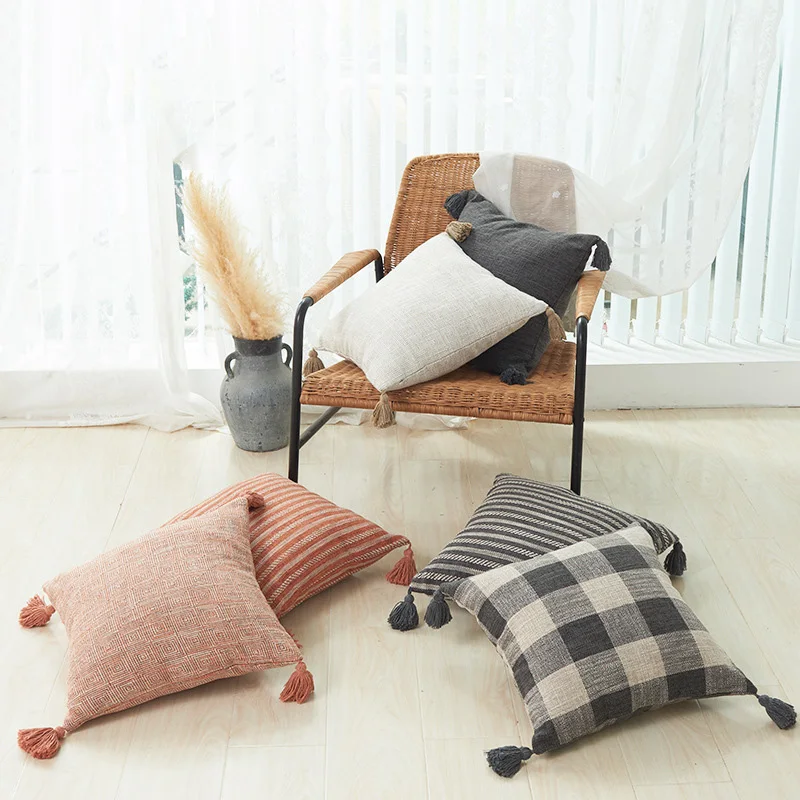 

30*50cm/45*45cm Cotton Linen Striped Plaid Pillow Cover Pure color Home Decor With Tassel Cushion Covers for Sofa Throw Pillows