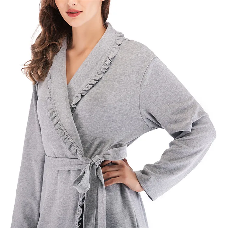 Design Women Sleepwear Elegant Kimono Robe Ladies Winter Autumn Casual Bathrobe Loose Ruffle Soild Bathroom Spa Robes For Women