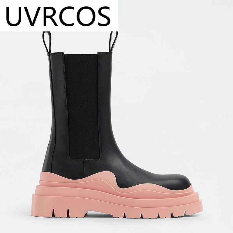 

Pink Green Thick Sole Women's Demonia Boots Quality Leather Round Toe Mid-calf Boots Casual Motorcycle Boots 2022 Winter Boots