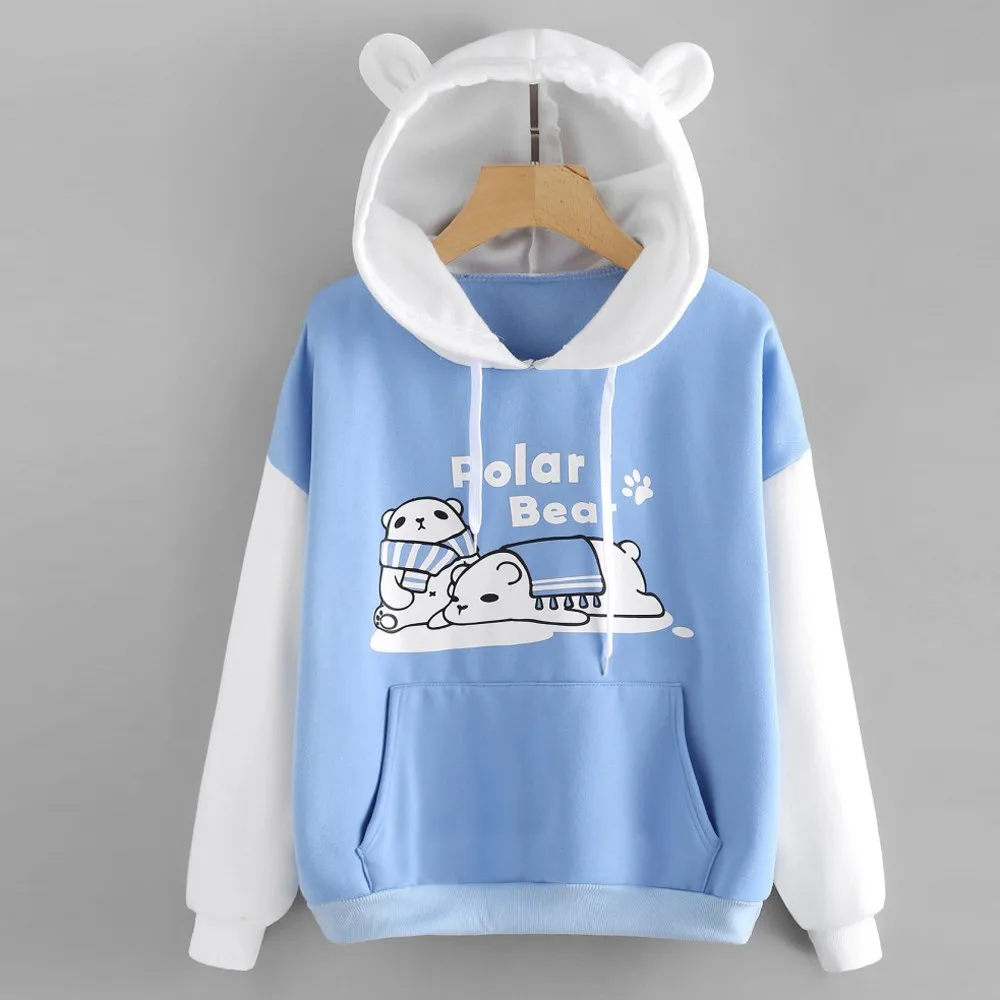 

Kawaii Womens Blouse Long Sleeve Sweatshirt Bear Print Pocket Hoodie Spring Autumn Kawaii Clothes sudaderas толстовка женская