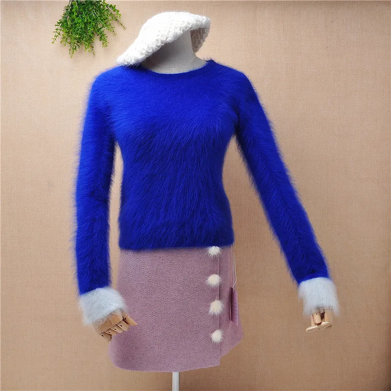 YT057 Женский Короткий стильный модный синий пушистый кашемировый тонкий пуловер