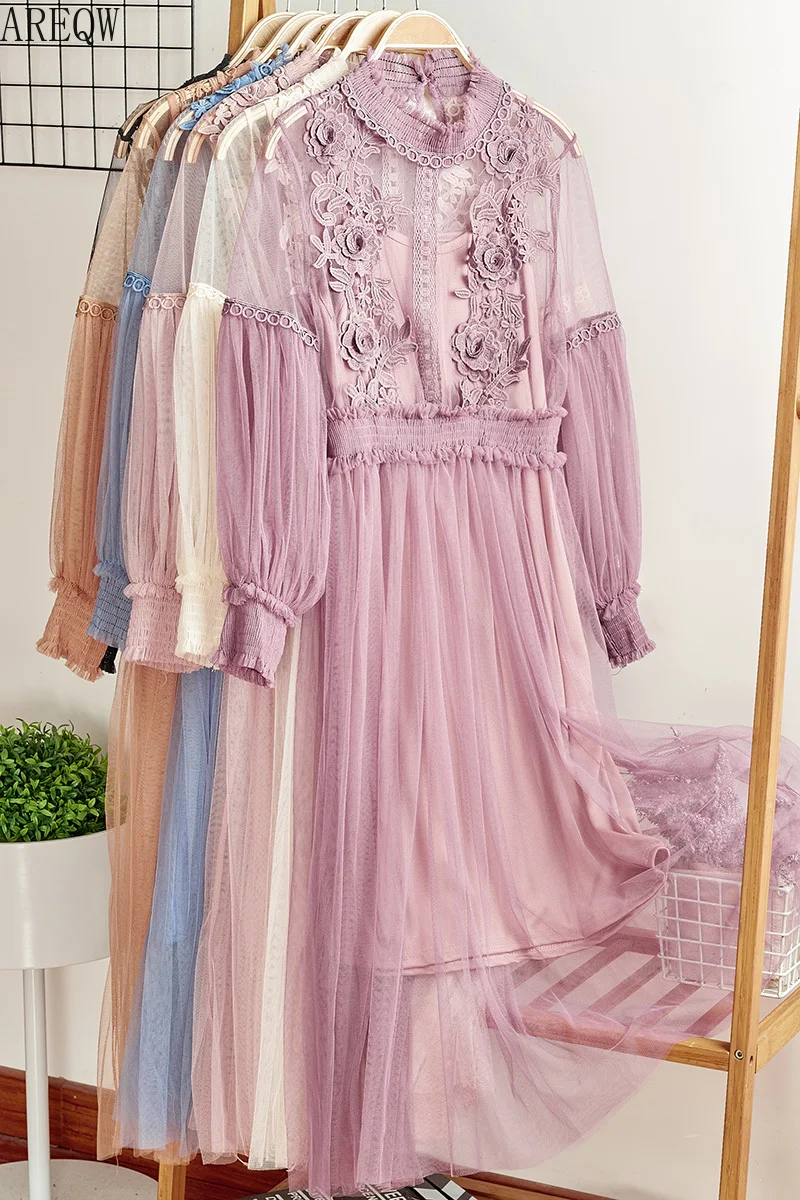 Кружевное газовое платье с цветочным узором и рукавами-фонариками для женщин 337