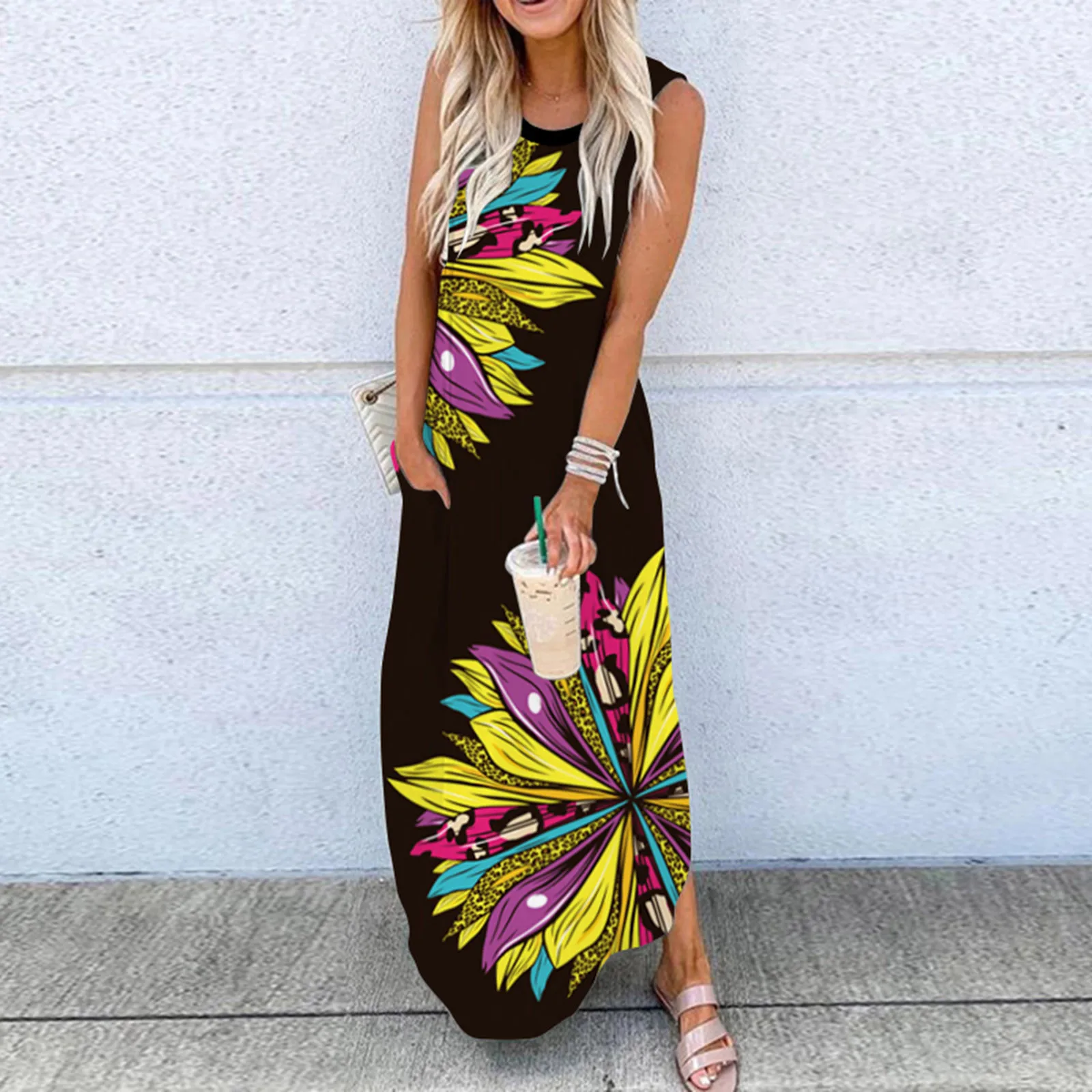 

Summer Women Casual Hippie Soul Letter Printed Women Long Dress Sleeveless Irregular O-Neck Side Splited Ladies Loose Maxi Dress