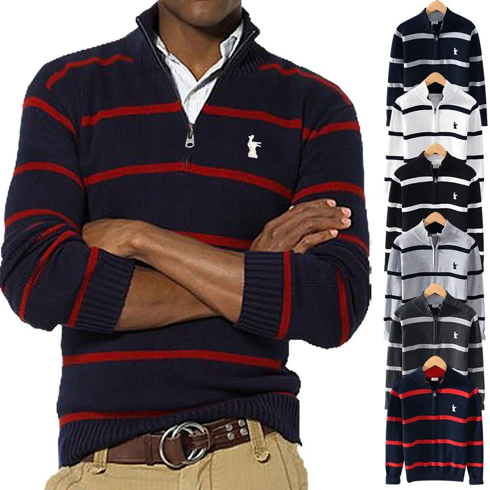 

High Quality 100% Cotton Autumn Men's Embroidered Patch Logo Turtleneck Sweaters Casual Thick Zipper Knitted Male Coats 8502