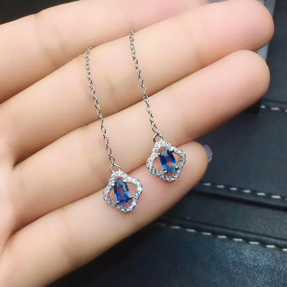 Натуральный серьги с голубым сапфиром 925 пробы Серебряное колье подвеской