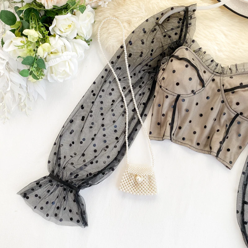 Женская блузка с рукавами-фонариками MUMUZI короткая сетчатая квадратным