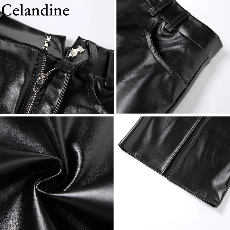 

Celandine Autumn Winter Black Sexy PU Leather Midi Split Skirt Women Y2K Fashion High Waist Pencil Skirts Ladies Party Club 2020