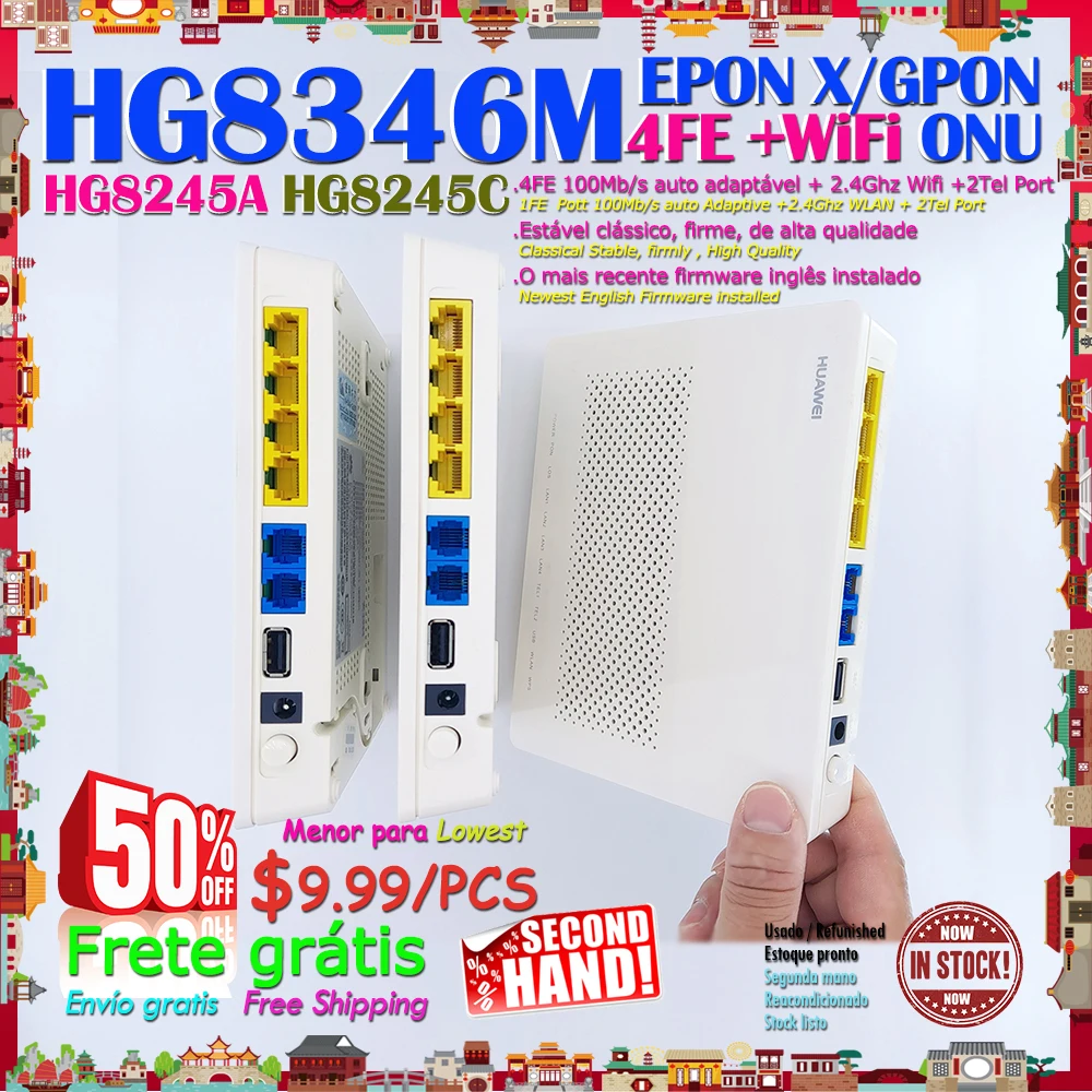 

20/25/50pcs lot big sale Secondhand HG8346M HG8245A HG8245C 4FE Wifi 2TEL Voice EPON GPON XPON ONU FTTH English Modem Router