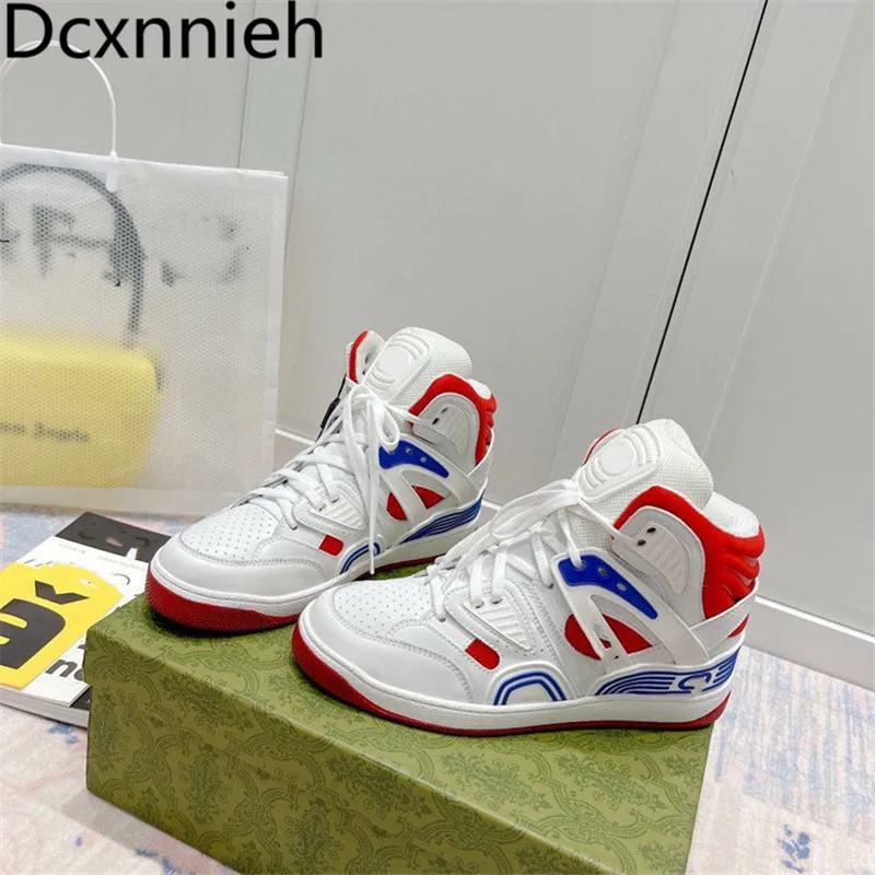 

Autumn Women Thick-soled Casual Breathable Sport Shoes High-quality Trendy Genuine Leather Mixed Color High-top Sneakers 2021