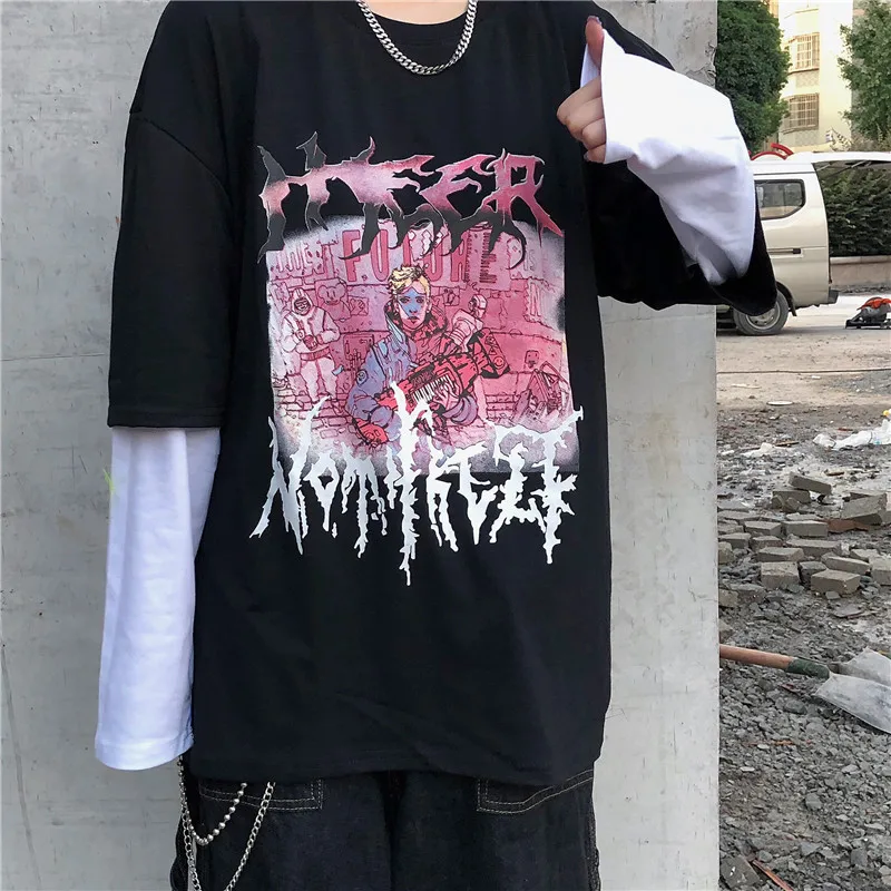 Lychee Harajuku/женская футболка с принтом персонажей из мультфильма, топ, футболка, поддельные Женские футболки из 2 частей, топы, футболки, лоскутные женские футболки с круглым вырезом