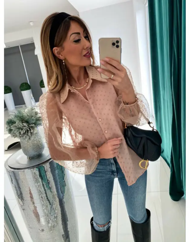 

Women See Through Sleeve Sheer Mesh Dot Shirt Blouse Tops OL Work Puff Long Sleeve Shirt V-neck Buttons Shirts Blouses Outwear