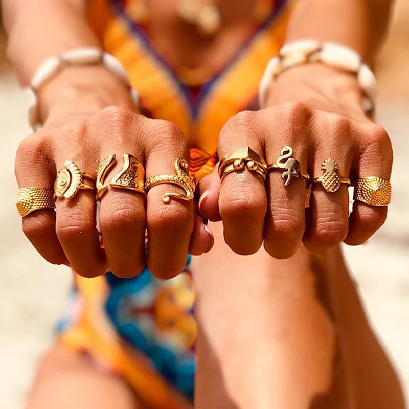 9 шт./компл. Ретро Кольца женские модные золотые Осьминог горчичный ананас глаз в