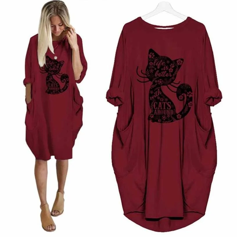 

With Cats Around Letters Print T Shirt Dress Casual Women Summer Kawaii With Pocket Dress Plus Size Women Cute Dress Clothing