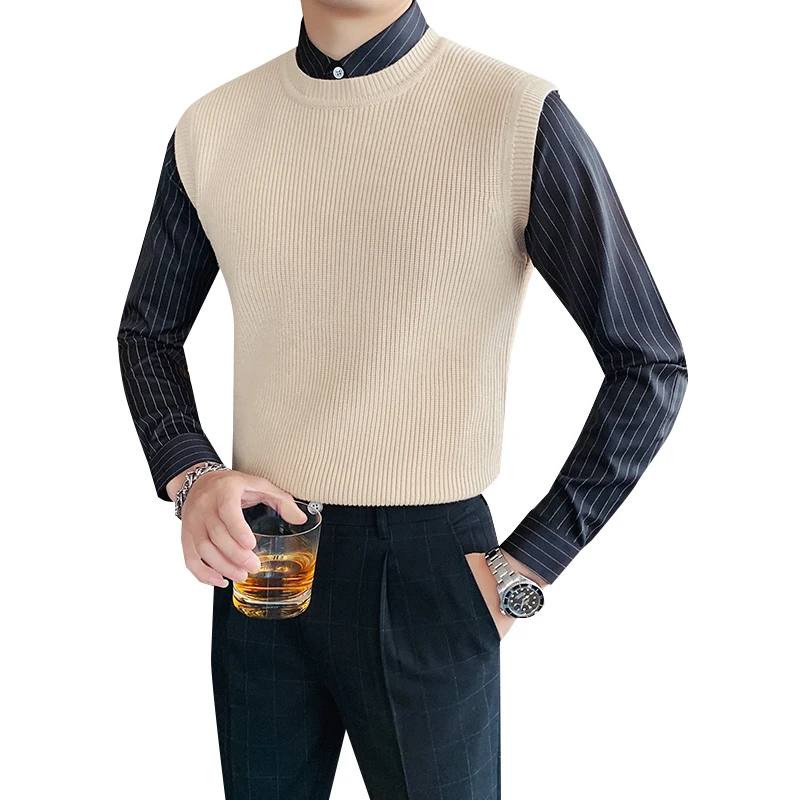 

British Style Autumn Winter Sleeveless Sweater Vest Mens Clothes 2020 Slim Fit Round Collar Casual Knit Pull Homme 5Colors Sale