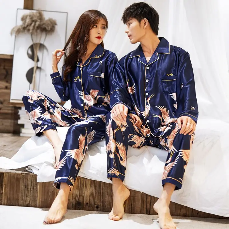 CAIYIER 2020 Winter Couple Pajamas Set Silk Loves Print Long Sleeve Sleepwear Men & Women Casual Big Size Lovers Nightwear M-5XL