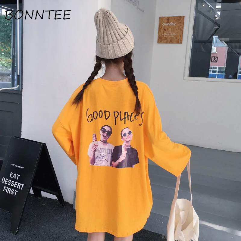 

T-shirt Long Sleeve Character Printed Soft Harajuku Loose Korean Style Tees Womens T-shirts Chic Fashion Cute All-match Women