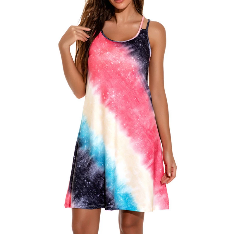 

Vicabo Mini Dress Women Rainbow-Print Tank Vestidos Summer Beach Casual Sleeveless Colorful Dresses