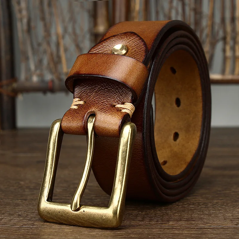 New retro fashion top layer cowhide copper buckle pin buckle belt men's leather casual jeans belt