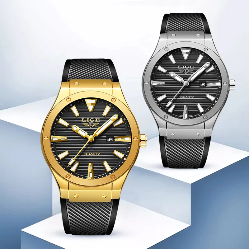 Часы наручные LIGE Мужские кварцевые с силиконовым ремешком спортивные
