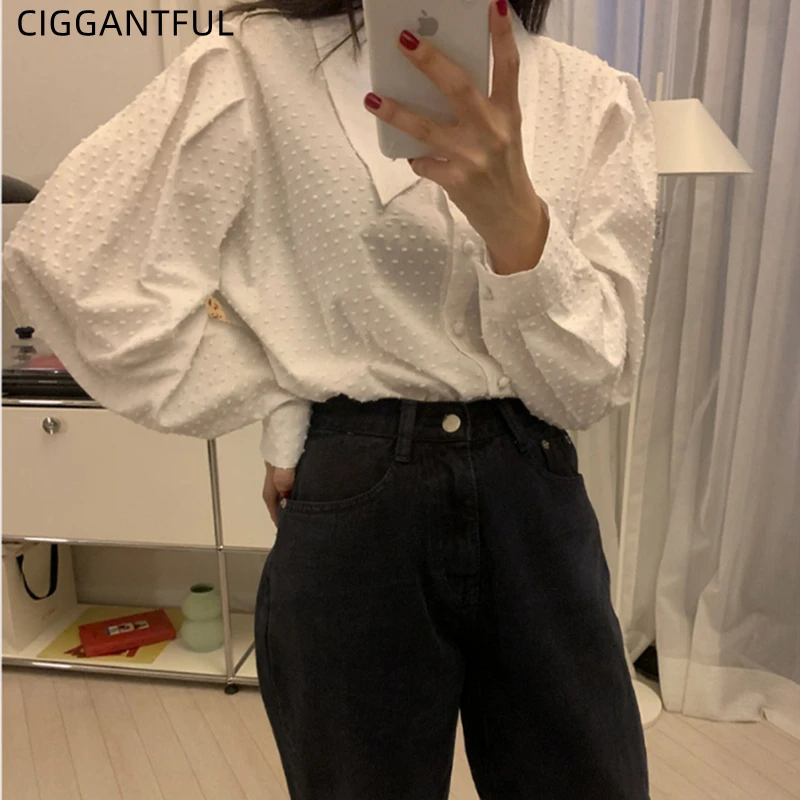 

Spring Fall French Retro Peter Pan Collar Jacquard Puff Sleeve Shirt Loose Button Up White Blouse Korean Vintage Fashion Tops