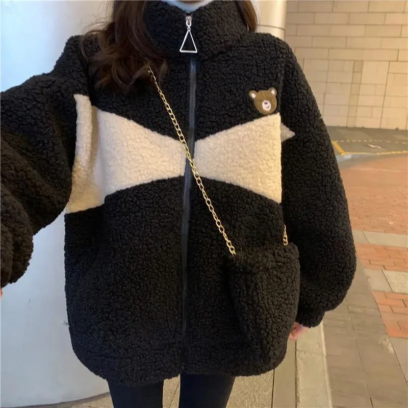 

Black Faux Lambs Fur Kawaii Coat Lamb Women Teddy Fur Coat Fleece Women Winter Jacket Oversize Original Parkas Plus Size Hoodie